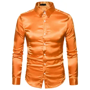 Stylish men's shiny orange long sleeve satin shirt with classic lapel collar and buttons