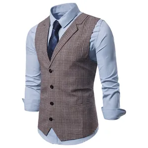 Close-up detail of a men's British style plaid waistcoat with single-breasted buttons.