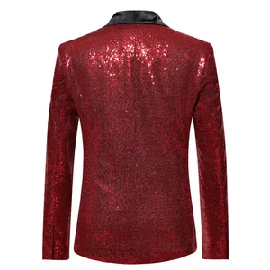 Back view of a sparkling red sequined men's blazer featuring a black satin collar