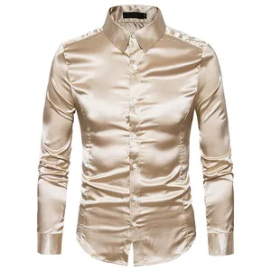 Men's champagne shiny satin long-sleeve button-down shirt with slim fit design