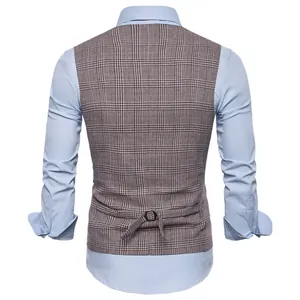 Detailed back view of a men's brown plaid waistcoat with an adjustable buckle strap