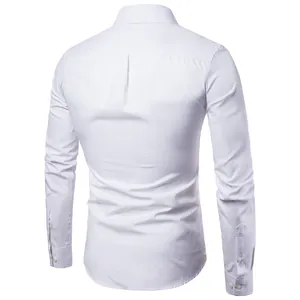Back view of men's white slim fit long sleeve Oxford shirt with pleat detail