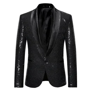 Detailed front view of a slim-fit black sequined blazer with a satin shawl lapel