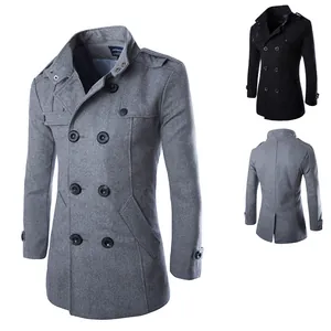 Details of men's slim-fit wool blend double-breasted pea coat in grey and black