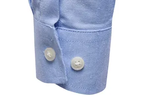 Close-up view of a light blue Oxford shirt cuff with white buttons and fine texture.