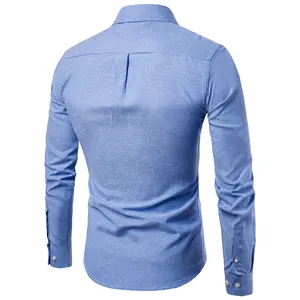 Detail view showing the back and texture of a blue men's Oxford long-sleeved shirt