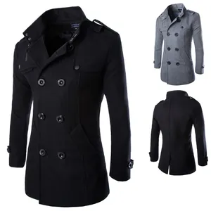Men's slim-fit double-breasted wool pea coat available in stylish black and grey colors