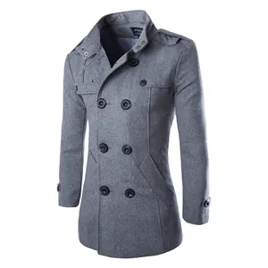 Detailed front view of a men's gray slim fit double breasted wool blend peacoat