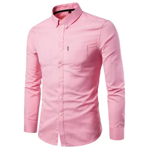 Detailed front view of a pink long-sleeved Oxford cotton casual shirt for men with pocket