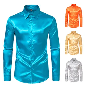 Camisa de satén brillante para hombre de manga larga en cian naranja y oro