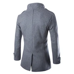 Back view of men's professional slim-fit gray wool coat with precise stitching detail