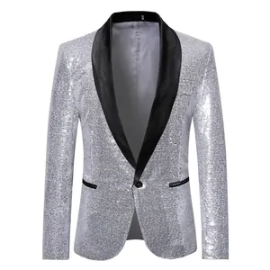 Shiny silver sequined men's blazer with black shawl lapel stage performance tuxedo jacket