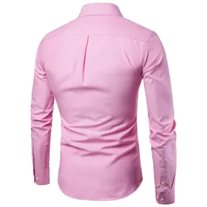 Detailed back view of a pink men's long-sleeved Oxford casual shirt with center pleat