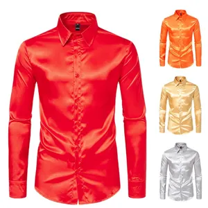 Camisas de lujo de satén brillante para hombre, disponibles en rojo, naranja, oro y plata