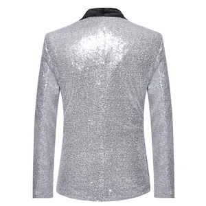Back view of silver sequined men's blazer jacket for parties and stage performance