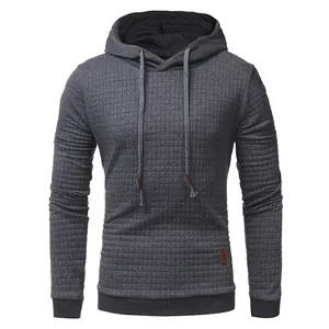 Detailed view of a grey men's diamond textured hooded sweatshirt with casual drawstring