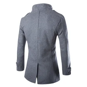 Back view of a slim fit gray wool coat for men featuring a stylish mid-length design.
