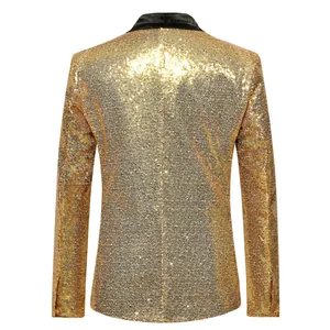 Detailed back view of a luxury men's gold sequin blazer for stage and party performances