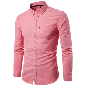 Front view detail of a pink men's casual long-sleeved Oxford shirt with button-down collar