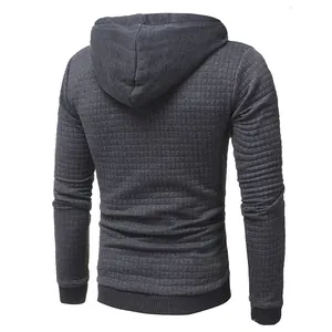 Detailed back view of a men's charcoal grey hooded sweatshirt with diamond grid texture