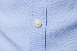 Macro detail shot showing light blue Oxford shirt texture with white button and neat stitching