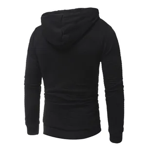 Close-up back view of a black quilted men's hoodie showing unique textured fabric detail