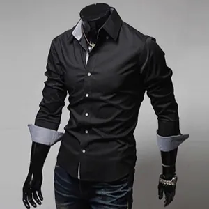 Camicia nera da uomo a maniche lunghe slim fit con colletto e polsini a contrasto grigi