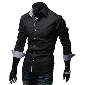 Camicia da uomo slim fit nera con colletto e polsini a contrasto grigi look formale