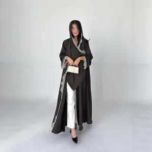 Mujer Elegante Encaje Cuello En V Vestido Maxi Color Sólido Holgado Estilo Abaya Cárdigan Vestido Moda Casual Manga Larga Vestido