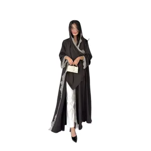 Elegante cárdigan largo negro con ribete de encaje para mujer conjunto moda abaya
