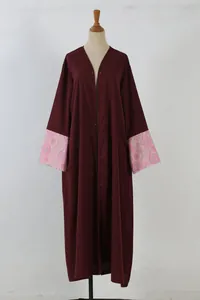 Elegant burgundy open front long robe with floral printed wide batwing sleeves for women