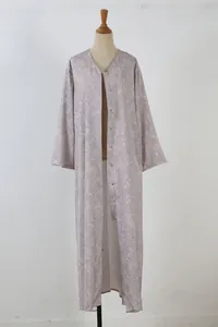 Elegant long-sleeved lavender floral print duster cardigan shown on a mannequin