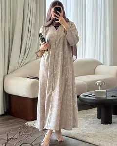 Elegant long sleeve floral patterned maxi kaftan dress with matching brown hijab veil