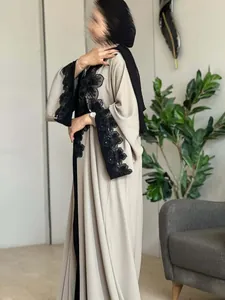Elegant beige open front cardigan robe with black floral lace embroidery details