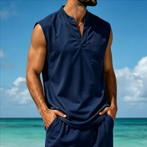 Detail of men's quick-dry V-neck sleeveless top with chest pocket in navy blue