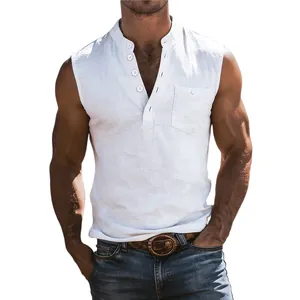 Close-up of a men's white linen sleeveless shirt with a Henley collar and front pocket.