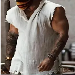 Close-up of white distressed cotton linen sleeveless vest for men in boho style
