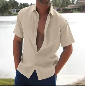 Men's beige linen-textured short sleeve shirt for casual beach wear and summer days