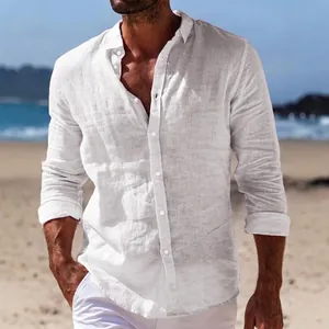 Detail of white linen-look shirt for men featuring breathable fabric and button-down lapel.