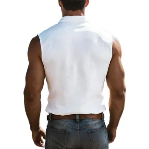 Back view of a high-quality white sleeveless linen shirt for men featuring casual design