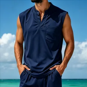 Close-up of navy blue quick-dry V-neck sleeveless top for men in beach setting