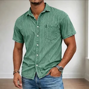 Men's Casual Polyester Sand Washed Denim Look Short Sleeve Shirt Turn-down Collar Button Top With Pocket Urban Fashion Style