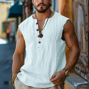 Canotta casual da uomo in lino con scollo henley e bordi a taglio vivo