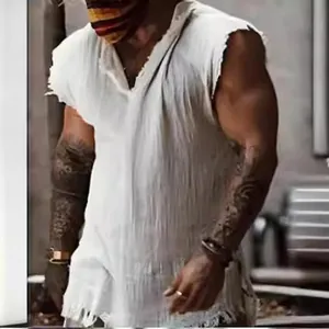 Men's Casual Cotton Sleeveless Top V-Neck Frayed Edges Summer Tank Top Western Style Retro Pullover Shirt Vest