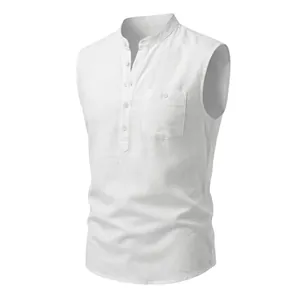 Detail of white men's linen sleeveless vest featuring Henley collar and chest pocket