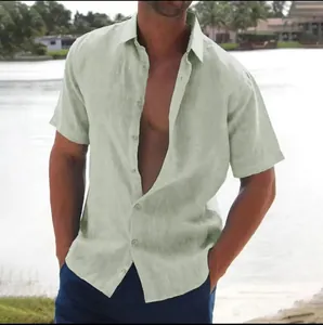 Detail view of a men's light green linen short-sleeved beach shirt for casual wear