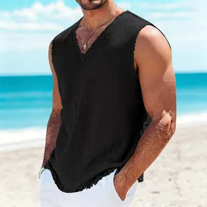 Men's casual black cotton linen V-neck sleeveless tank top for summer beach wear