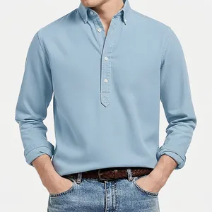 Men's light blue long-sleeve jacquard polo shirt with button-down collar detail