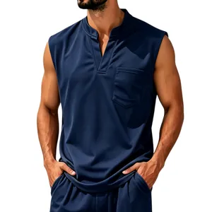 Detail of men's quick-dry navy tank top with V-neck, sleeveless design and pocket