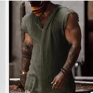Men's casual army green cotton linen sleeveless tank top with vintage frayed edges